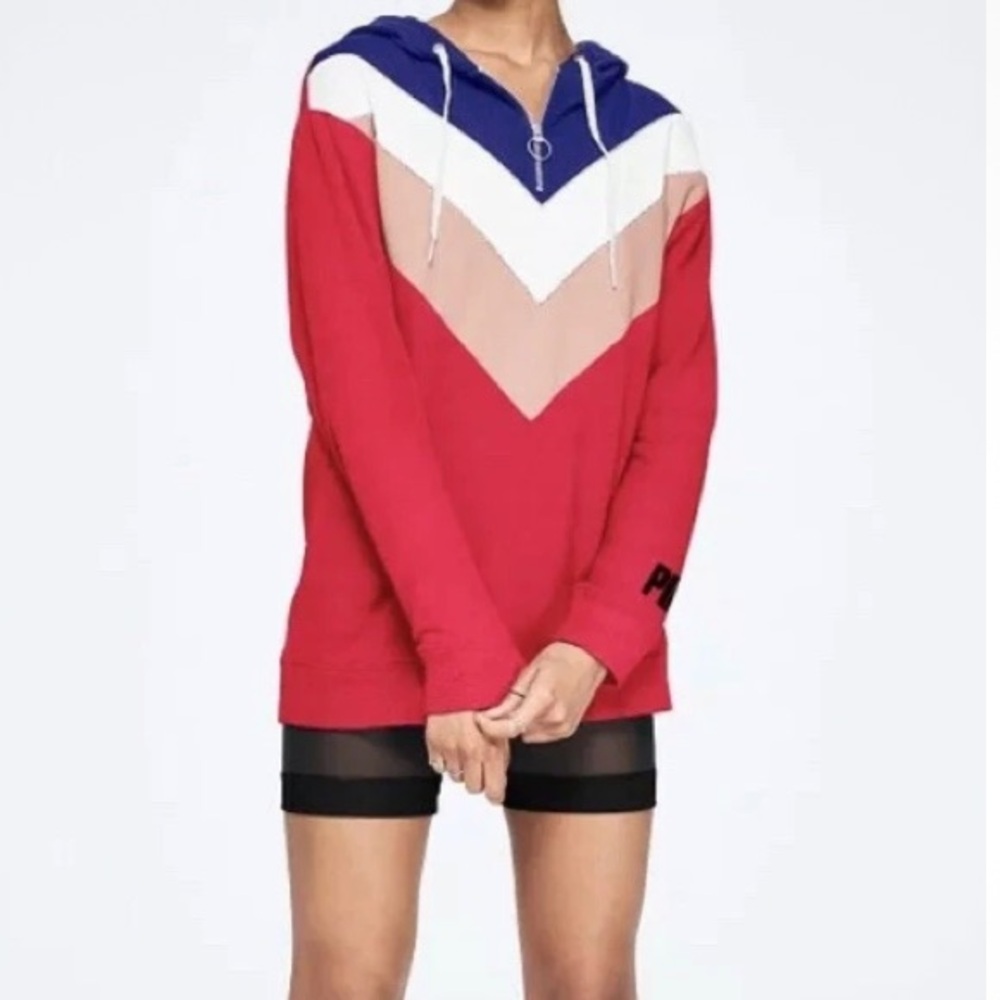 PINK Victoria's Secret Colorblocked Hooded Tunic Sweatshirt Red Blue White XS